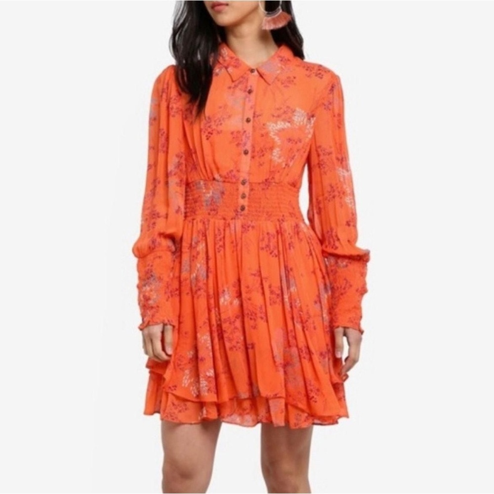 Free People Fake Pretend Orange Smocked Button Skater Babydoll Mini Dress Sz S